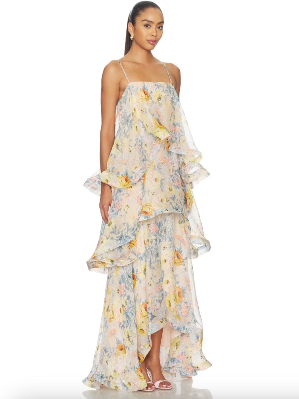 Elliatt Armani Maxi Dress Yellow Floral Tiered Flounce Gown - SMALL